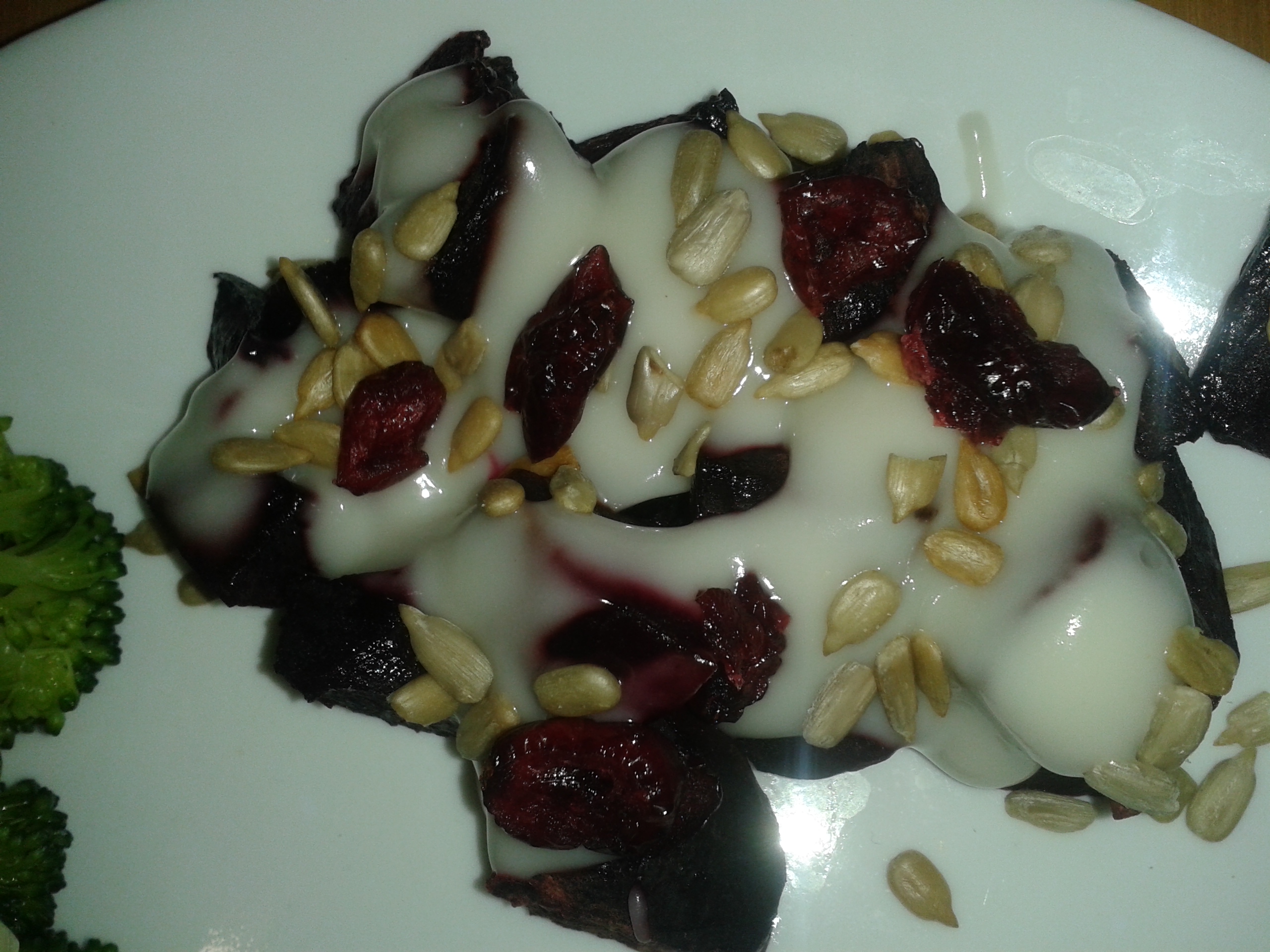 Baked Beets topped with Cultured Coconut Cream and Sunflower Seeds