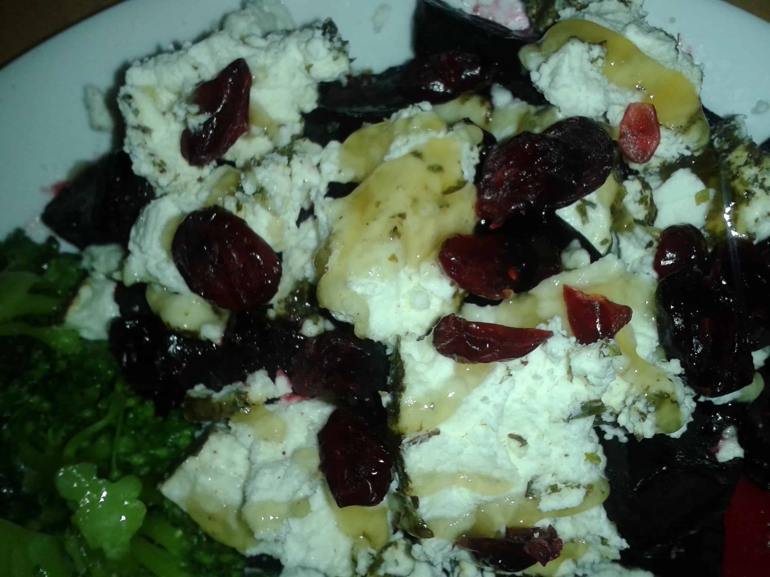 Baked Beets topped with Goat Cheese, Honey and Sunflower Seeds